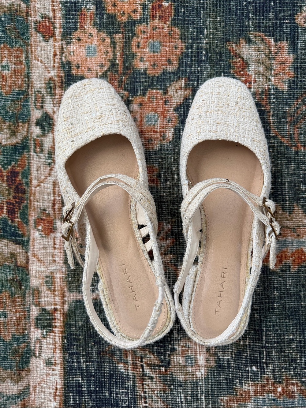 Tahari Cream Tweed Slingback Flats